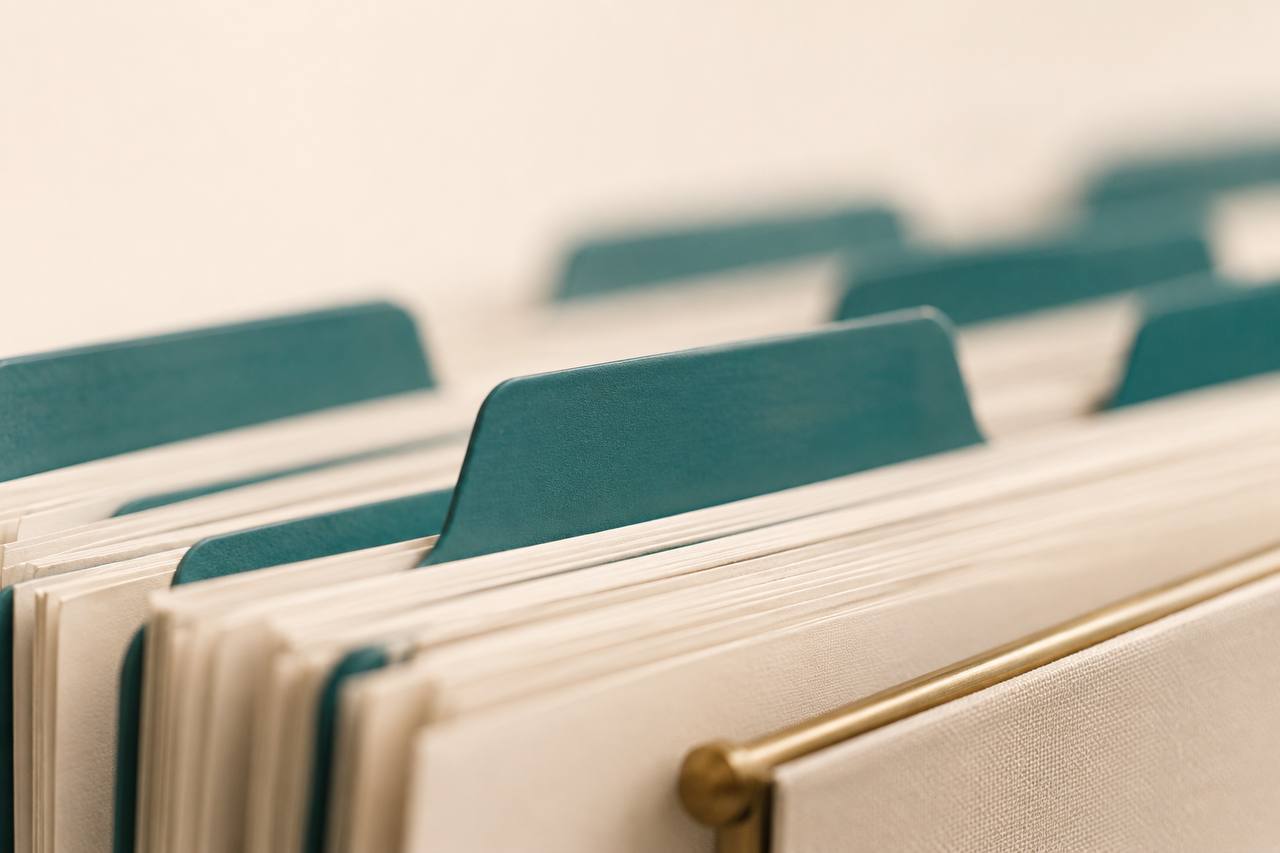 Teal folder tab dividers in an organized monthly file