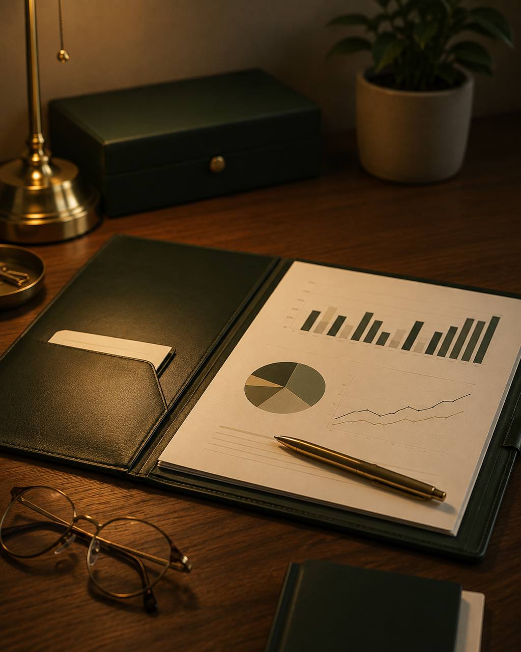 Open leather portfolio with financial charts, a gold pen, and reading glasses on a desk