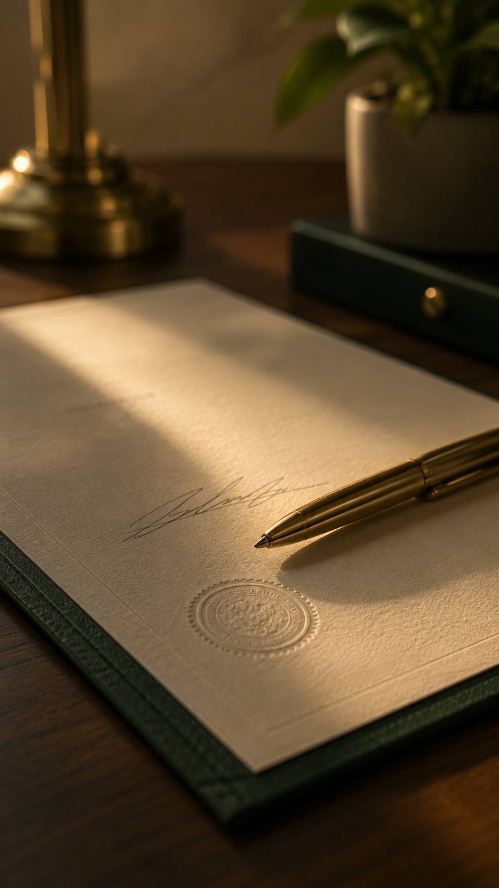 Brass pen resting on a signed document with an embossed seal