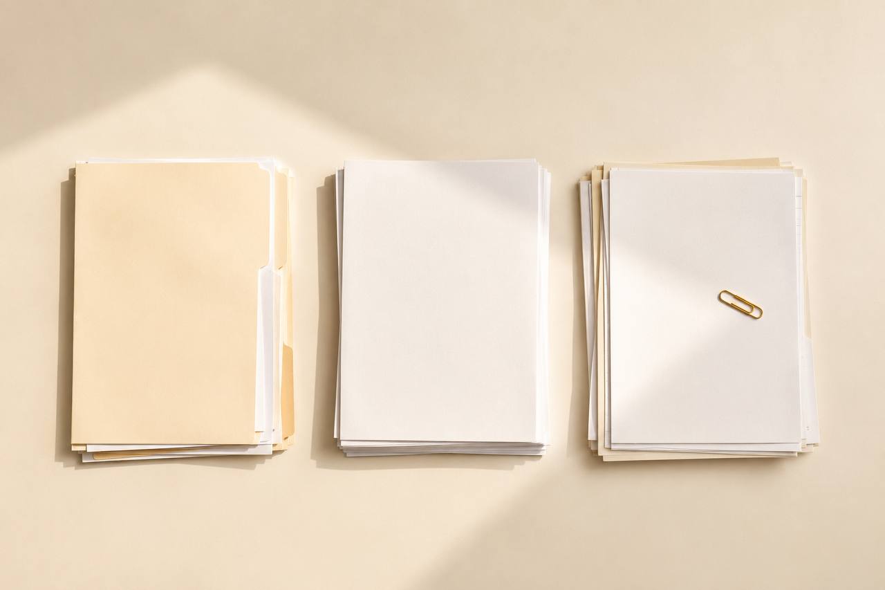 Three tidy stacks of paperwork on a cream desk, ready to be sorted