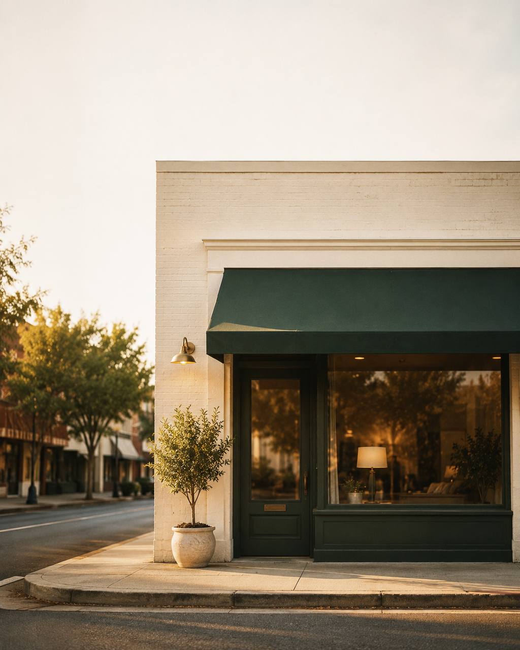 An American small-business storefront with a deep green awning in warm evening light