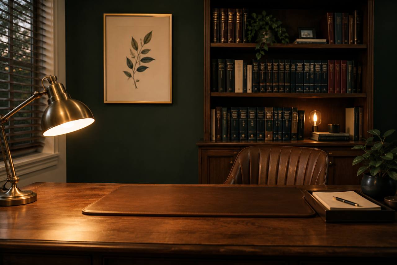 A quiet, warm office — desk lamp, leather chair, shelves of tax reference books