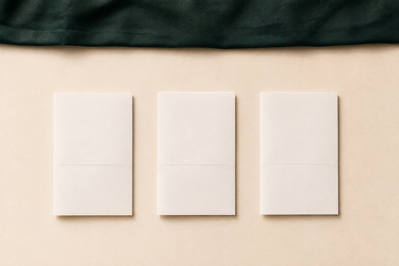 Three folded letters in an even calm row