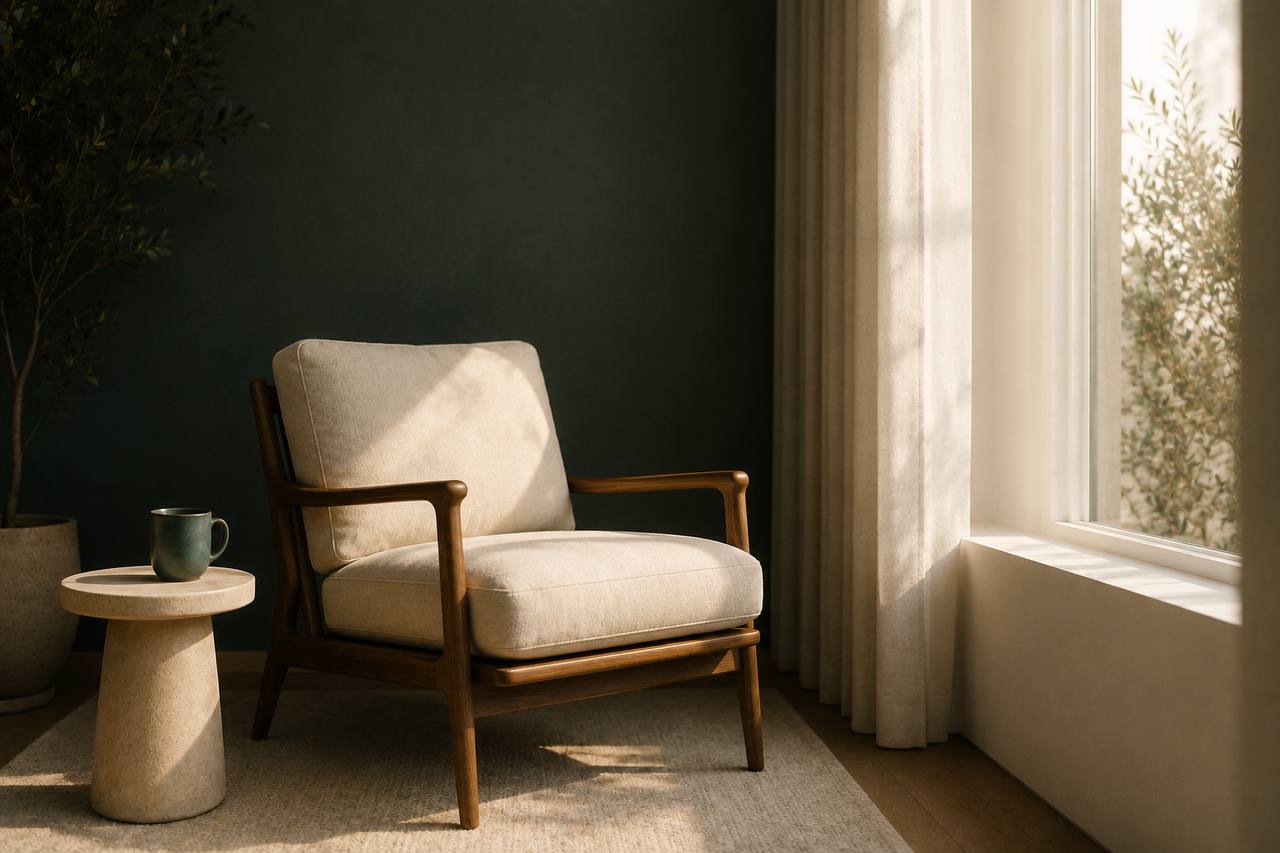 An inviting chair beside a bright window
