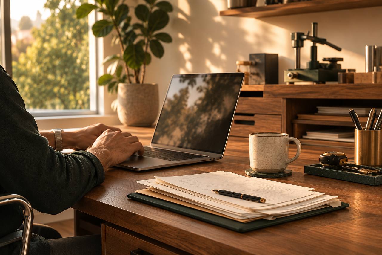 A business owner working at a walnut desk in a warm home office